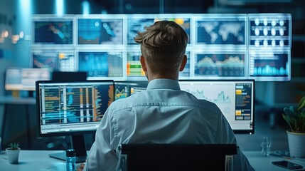 Aufkleber - Web analyst conducts web page audit, he looks at monitor. several graphics are displayed on monitor. In the background workroom with whiteboard with diagram. Generative AI.