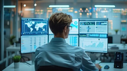 Sticker - Web analyst conducts web page audit, he looks at monitor. several graphics are displayed on monitor. In the background workroom with whiteboard with diagram. Generative AI.