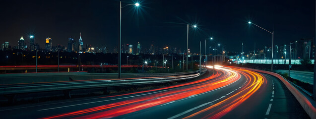 Wall Mural - Nighttime highway with streaks of car lights, creating a dynamic urban motion scene. 