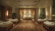 Spa retreat boasting a serene interior with a calming wooden texture floor, where soft lighting and natural elements create a peaceful sanctuary for relaxation and rejuvenation