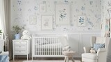 Fototapeta  - Delicate nursery room with botanical wallpaper, framed illustrations, and cozy furnishings, all in a soothing palette, perfect for a baby's room.