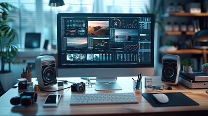 Poster - The essential toolkit of modern remote work. set in a sleek, well-organized workspace at home office. Generative AI.