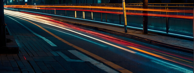 Poster - Nighttime city road with streaks of colorful lights, conveying a lively atmosphere.