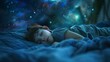 © Alexandr - A little boy sleeping on a bed with stars in the background, AI