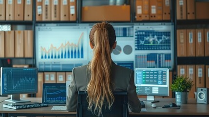 Poster - Woman in a business suit is sitting at a table with a huge monitor with a sales growth chart on the screen, and large and small boxes around her. Generative AI.