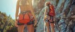 Outdoor adventure outdoors climber, extreme sport background - Close up of sporty womans with climbing harness, rope and carabiner for security, climbing on a rock in the mountains