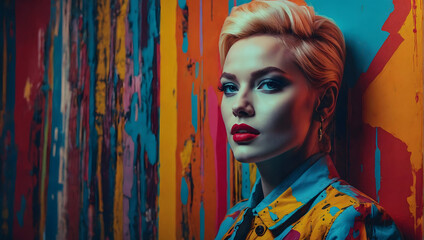 Wall Mural - Pop art portrait with vibrant colors. Celebrity figure. Painting exhibited in a modern gallery. A pop culture-themed poster.