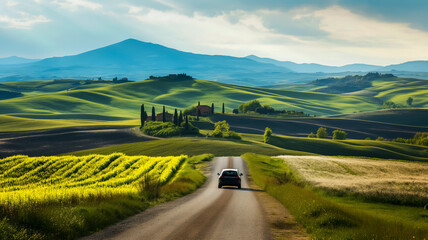 Landscape of a valley with vineyards, a car on a country road on the way to the villa, a concept poster about holiday travel along new routes and new impressions