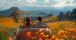 Newlyweds in a retro convertible admire the blooming poppy fields, traveling on their honeymoon to popular romantic places in Europe