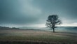 lone tree in a desolate overcast landscape. concept of bleakness and isolation. copy text space. 