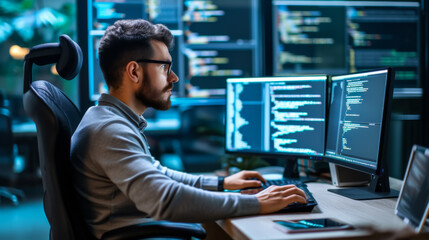 A young programmer writes program code while sitting on a modern computer. Concept of technology, freelancing.