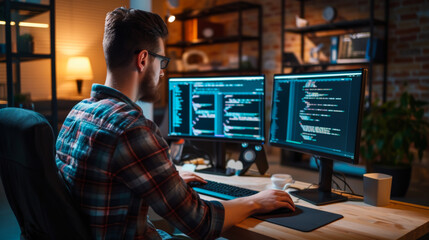 A young programmer writes program code while sitting on a modern computer. Concept of technology, freelancing.