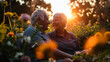 Portrait of an elderly couple relaxing in a green garden. Adult man and woman spending time together outdoors. Concept of old age, rest.