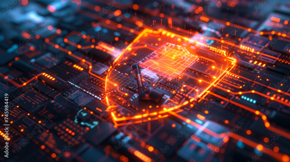 Computer network security protection and data security. In a modern chip built-in protection icon shield symbol of a lock, security concept. Cybersecurity. Technology concept.
