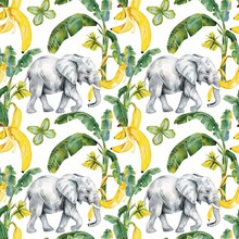 Elephant, Banana Tree, Elephant Eating Banana, Yellow Banana Leaf, Forest, Watercolor, Fabric Pattern, Seamless Ethnic Illustration, Design, Watercolor, Culture, Handicrafts, Art Fashionable Wallpaper