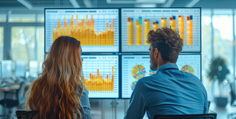 Poster - Two people analyzing business data on screens in a modern office, business intelligence, simple and minimalist. Generative AI.