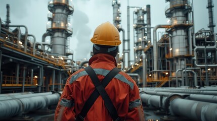 Back view of engineer wearing safety clothes and hardhat at Pipeline and pipe rack of petroleum, chemical, hydrogen industrial plant. Industrial zone area. Generative AI.