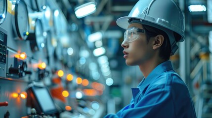 Poster - Asian operator works at power plant, operating machine. Generative AI.