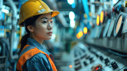 Poster - Asian operator works at power plant, operating machine. Generative AI.