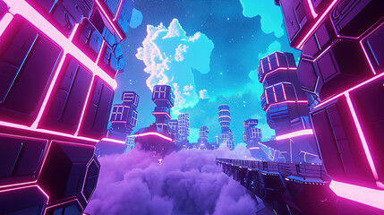 Sticker - Vibrant sci-fi scene with synthwave styled towers in breathtaking perspective. Futuristic cyberpunk city in blue and purple colors.