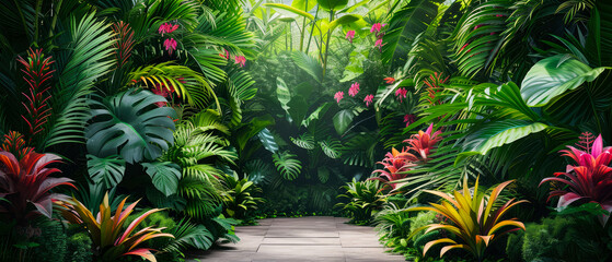 Wall Mural - Jungle background. Tropical park or garden with walkway, green exotical plants, palm, branches, flowers. Rain forest wallpaper. Nature landscape. Generative ai.