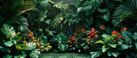 Wall Mural - Jungle mock up. Tropical forest with exotical plants, palm, branches, flowers. Rain forest wallpaper. Nature landscape. Generative ai.