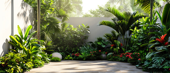 Wall Mural - Jungle mock up. Tropical forest with exotical plants, palm, branches, flowers. Rain forest wallpaper. Nature landscape. Generative ai.