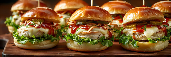 A colorful arrangement of turkey sliders takes center stage in this image, with each mini sandwich boasting a juicy turkey patty, melted cheese, crisp lettuce, and a dollop of zesty aioli.