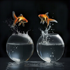 Goldfish jumping from one bowl to another