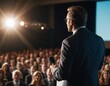 Rear view on businessman speaker standing on stage in front of an audience for a speech