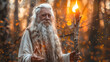 © Alexandr - A man with long white beard holding a staff in the woods, AI