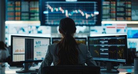 a female trader typing on computers on desk Generative AI