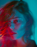 Fototapeta Boho - Neon Whispers: Intense Portrait in Red and Blue Shades
