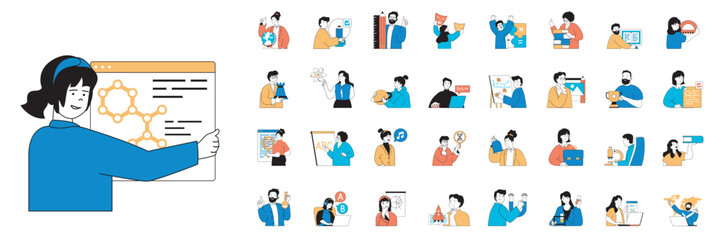 Leinwandbilder - Education concept with character situations mega set in flat web design. Bundle of scenes people learning at school or university, gaining skills and knowledges, doing science. Vector illustrations.
