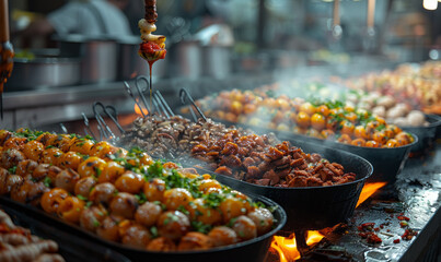Street food, grilled meat and vegetables on the grill