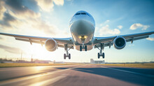 Passenger plane is landing of the airport takeoff on airport runway. Aviation and air travel passenger plane lands on the runway. Transportation and logistics concept.

