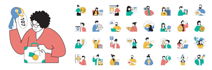 Poster - Travel concept with character situations mega set in flat web design. Bundle of scenes people go on vacation tours, buying tickets online, sightseeing with guide excursions. Vector illustrations.