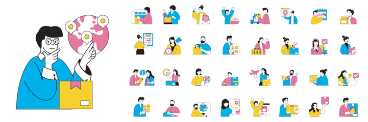 Leinwandbilder - Delivery concept with character situations mega set in flat web design. Bundle of scenes people sending parcels, using couriers and global shipping service, tracking packages. Vector illustrations.