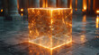 Glowing Golden Cube on a Wet Cobblestone Floor at Twilight. Futuristic Cube Background.