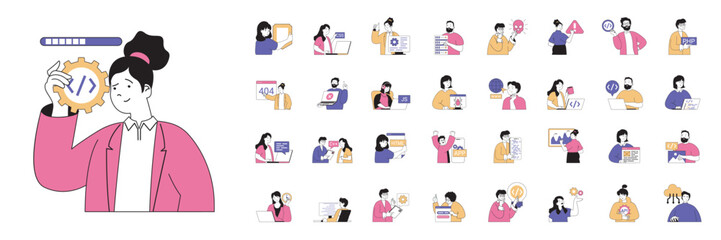 Leinwandbilder - Programming concept with character situations mega set in flat web design. Bundle of scenes people coding and engineering programs, searching bugs, testing and make optimization. Vector illustrations.