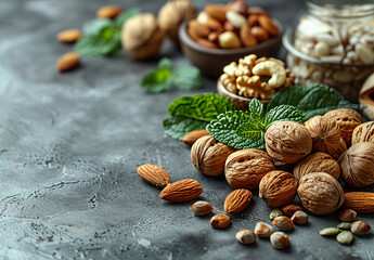 Wall Mural - Walnuts almonds hazelnuts cashews pistachios hazelnut and mint leaves on dark background