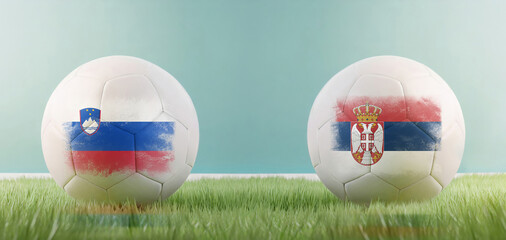 Wall Mural - Slovenia vs Serbia football match infographic template for Euro 2024 matchday scoreline announcement. Two soccer balls with country flags placed against each other on the green grass with copy space
