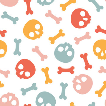 Seamless pattern with colorful bones and skulls
