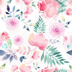 Wall Mural - Pink watercolor flowers and green leaves seamless pattern. hand drawing. Not AI, Vector illustration