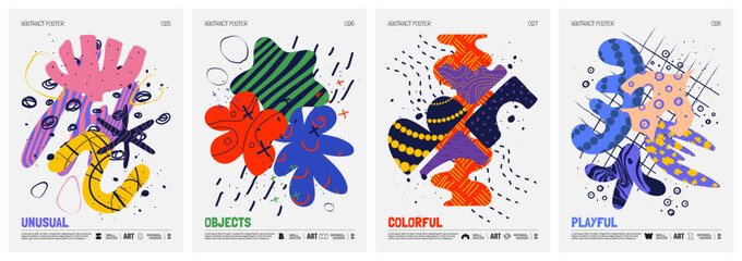 Aufkleber - Colorful vector minimalistic Posters with bizarre abstract geometric unusual shapes and forms with different textures in matisse style, Hand drawn modern wall art with aesthetic naive figures, set 7