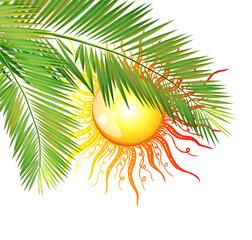 Wall Mural - Shining shiny sun with palm leaves. hand drawing. Not AI. Vector illustration