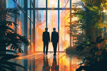 Two silhouetted business professionals stride through a vibrant, modern corridor surrounded by glowing panels and lush greenery