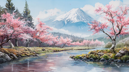 Mountain Fuji in spring with river and japanese sakura cherry blossom tree, tranquil watercolor painting