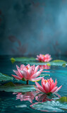 Fototapeta Kwiaty - Surreal pink lotus flowers floating on calm water with ethereal light beams.