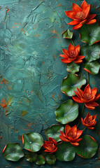 Poster - Bright red lotus flowers and leaves on a teal background.